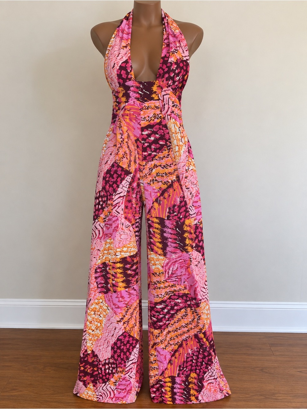 Fashion Nova Halter Wide-Leg Jumpsuit in Pink and Orange Abstract